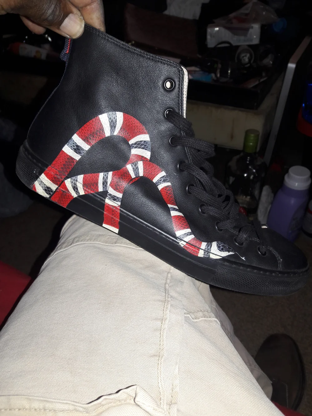 Gucci Black High-Top Sneakers with Red & White Snake Detail